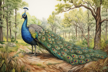 Peacock walking in the forest, drawn with colored pencils.