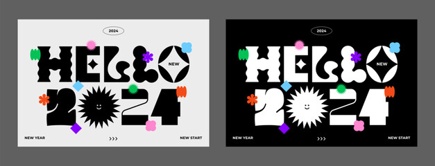 2024 Happy New Year typography. Trendy geometric element. Cool background. Playful abstract shape sticker. Brutalism aesthetic modern font type. Retro style design. Colorful flat vector illustration. © DDDART