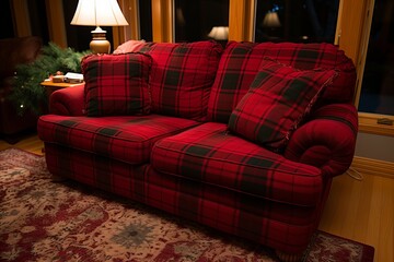 Comfortable Home Sofa with Beautiful Textured Plaid, Matching Pillows, and Soft Wool Rug Nearby