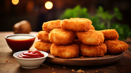 Pile of chicken nuggets with tomato sauce