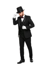 Magician in top hat on white background