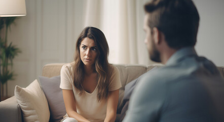 psychology, mental health concept - depressed patient woman talking to doctor at psychotherapy session - obrazy, fototapety, plakaty