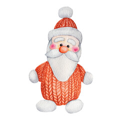 Watercolor illustration of a knitted Santa toy. Hand drawn knitted New Year's toy