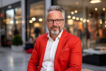 Middle-aged man with gray beard and stylish red jacket standing in urban setting