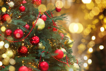 Christmas tree decorated with red and golden festive balls against blurred background, bokeh effect. Space for text