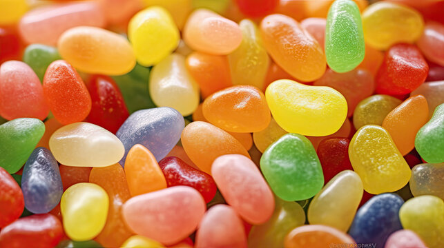 close up multi color jelly beans on light background. Space for text, Flat lay 