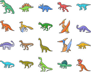 dinosaur dino animal cute icons set vector. jurassic rex, tyrannosaurus monster, funny prehistoric triceratops, nature fossil, forest dragon dinosaur dino animal cute color line illustrations