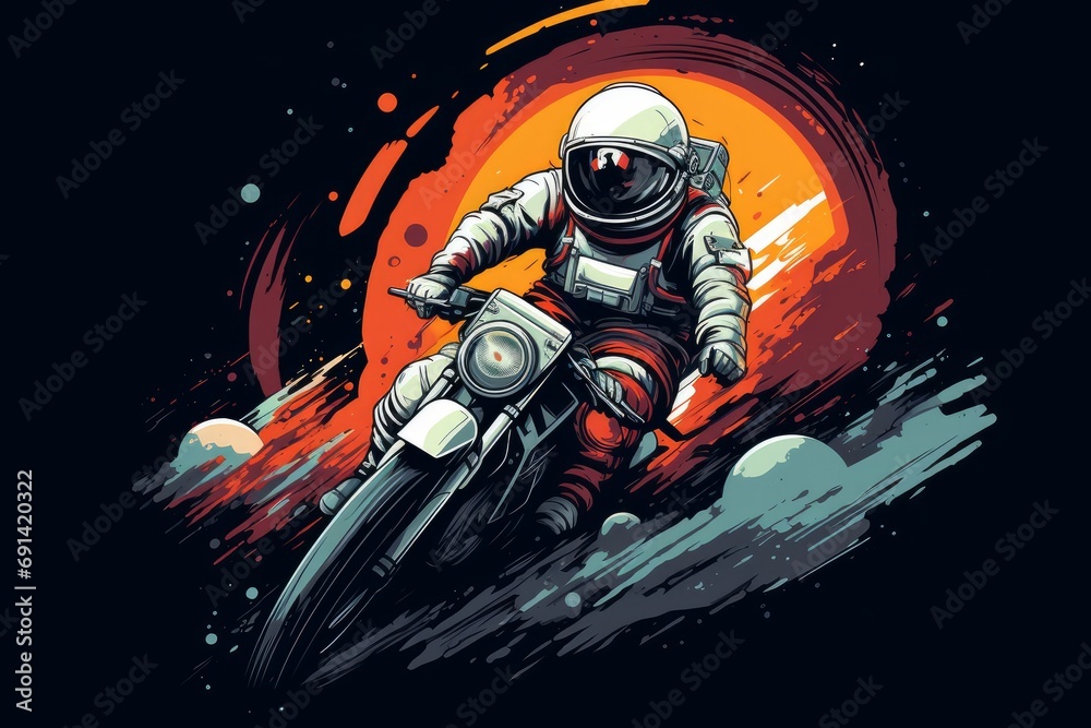 Canvas Prints an astronaut in a spacesuit rides a motorcycle in space.