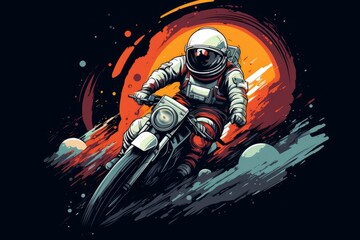 An astronaut in a spacesuit rides a motorcycle in space.