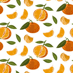 Seamless tangerine pattern with leaves. Vector fruit ornament. The texture of citrus fruits, leaves, slices, peel. Tangerine in different turns, horizontal. Vector design of mandarin for printing