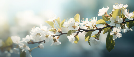 Fototapeta premium Close-up of a blooming branch with white flowers on a sunny day, spring time banner