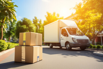 Two packages sitting on the ground next to a delivery truck. Courier service ensure that recipients receive their packages and other items in a timely manner.