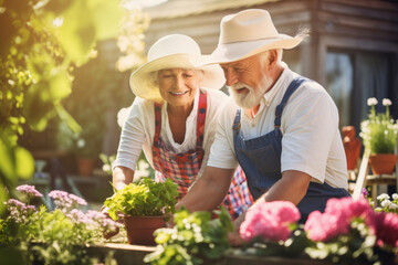 Beautiful senior couple working in the garden. Landscape designer at work. Smiling elderly man and woman gardeners caring for flowers and plants. Hobby in retirement. - obrazy, fototapety, plakaty