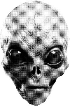 Alien head in halftone dots texture, isolated black and white vector design element