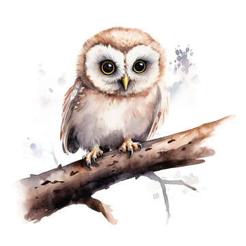 Owl perched on tree branch cartoon style isolated on transparent background