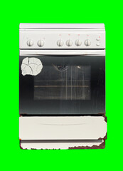 Old gas stove isolated on green background. Recycling of household appliances.