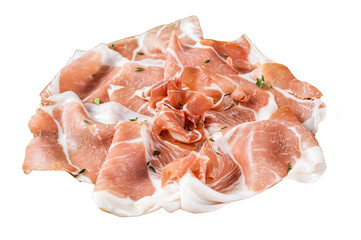 Prosciutto crudo ham on a wooden board. Transparent background. Isolated.