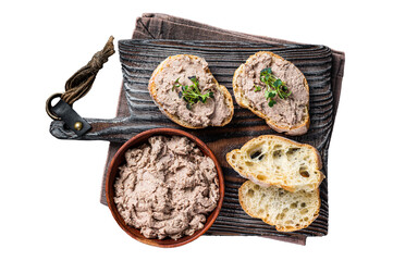 Toasts with Duck pate Rillettes de Canard on wooden board.  Transparent background. Isolated.