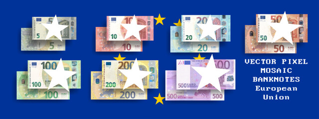 Vector set of pixel mosaic European Union banknotes. Collection of notes in denominations of 5, 10, 20, 50, 100, 200 and 500 euros. Obverse and reverse. Play money or flyers. - obrazy, fototapety, plakaty