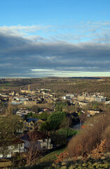 Fototapeta premium View looking down on Shipley and Saltaire in West Yorkshire on a sunny winter's morning. Two of the outlying regions in Bradford.