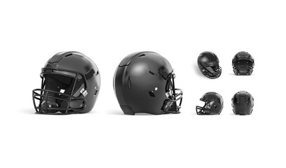 Blank black american football helmet mockup, different views
