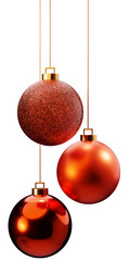 Three red Christmas balls hanging on gold strings 3d render illustration. Christmas decorations.