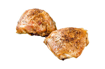 Spicy Bbq grilled chicken thighs on a wooden board with rosemary. Transparent background. Isolated.