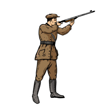 recommend clip art: Hunter with rifle gun aiming at sky engraving sketch hand drawn color raster illustration. Scratch board style imitation. Hand drawn image.