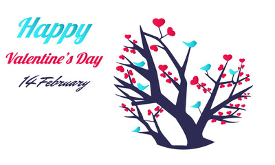 Naklejka premium Happy Valentine's Day background with pink hearts tree and bluebird elements. copy space with concept for design