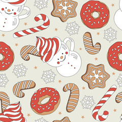 Christmas Gingerbread cookies Donut Peppermint candy Snowman mug vector seamless pattern. Xmas holiday festive season treats sweets snacks food background. - obrazy, fototapety, plakaty