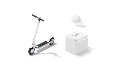 Blank white delivery bag, electric scooter and cap mockup, isolated © Alexandr Bognat