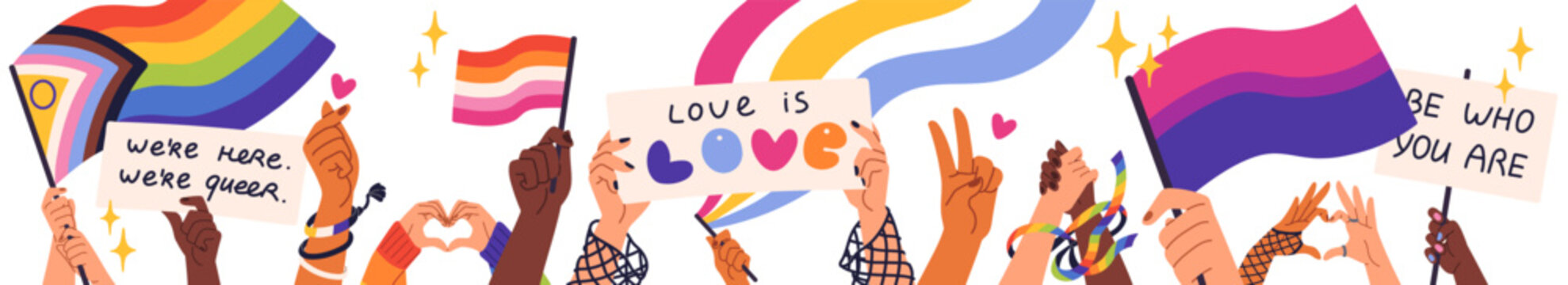 People hold LGBT progressive, lesbian, bisexual flags. Hands with rainbow posters gesturing hearts. LGBTQ community. Gay parade banner. Pride month meeting. Flat isolated vector illustrations on white
