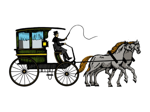 Carriage with horses engraving sketch style hand drawn color raster illustration. Scratch board style imitation. Hand drawn image.