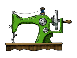 Sewing machine engraving sketch hand drawn color raster illustration. Scratch board style imitation. Hand drawn image.