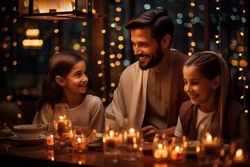 Obraz na płótnie Canvas Islamic father and daughters lighting lamps, Ramadan celebrations.