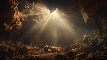 Cave with sunlight glare passing through - obrazy, fototapety, plakaty