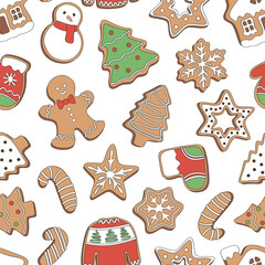 Gingerbread cookies Christmas tree snowman candy cane snowflake sweater sock shape vector seamless pattern. Xmas holiday festive season treats sweets snacks food background.