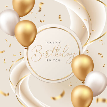 Happy Birthday poster with balloons and confetti on beige background. Vector illustration for banner, poster, flyer, greeting card and advertisement.