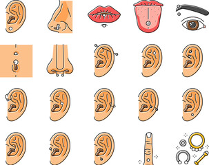 piercing fashion beauty earring icons set vector. body pierced, face style, pierce jewelry, metal ear, nose female, ring metallic piercing fashion beauty earring color line illustrations
