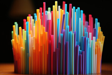 Abstract background, vibrant collection of multicolored drinking straws on dark background.Drinking Straw Day. Concept Plastic pollution.Recycling and environmental awareness.