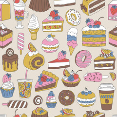 Sweet dessert and drink cake cupcake donut ice cream lemonade coffee vector seamless pattern. Groovy food background.