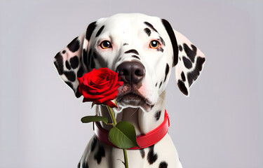 red rose andCharming Dalmatian dog on grey background