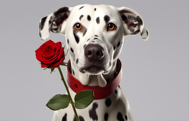 red rose andCharming Dalmatian dog on grey background