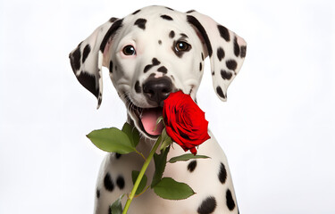 red rose andCharming Dalmatian dog on white background