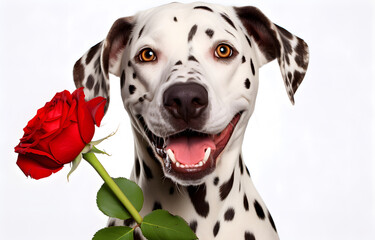 red rose andCharming Dalmatian dog on white background