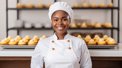Afwasbaar fotobehang African american pastry chef in her bakery pastry © Issaka