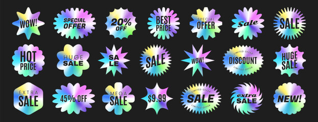 Fototapeta na wymiar Set of iridescent holographic price stickers different shapes. Sunburst badges, starburst sale labels, promo tags or elements. Hologram rainbow shiny emblems for retail sales. Vector illustration.