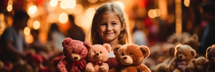 Kid Getting Teddy Bear at Charity Function with Vibrant, Blurry Backdrop