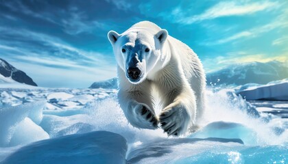 A polar bear runs on the snowy surface of a glacier. Generated with AI