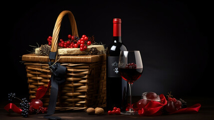 Christmas gift hamper with red wine